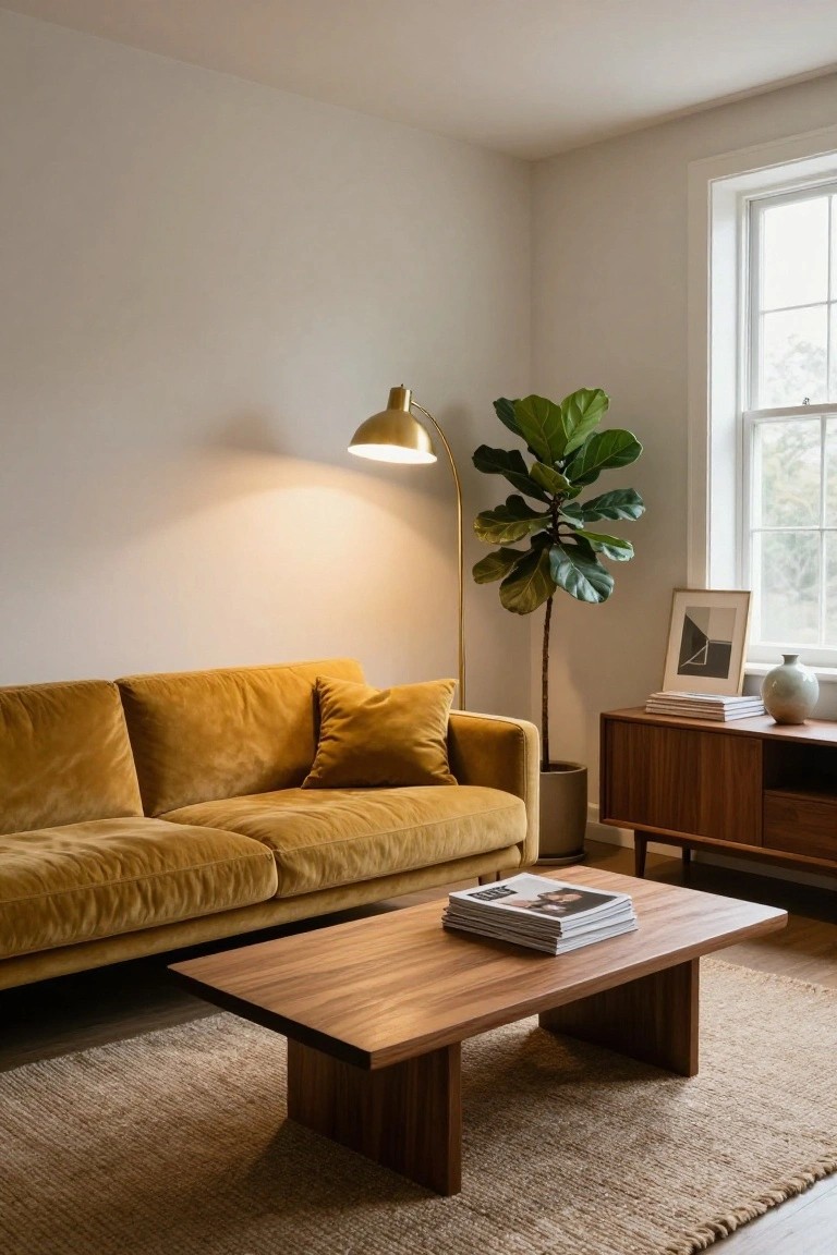 Living room corner with mustard yellow velvet sofa, wooden coffee table on beige rug, tall potted fiddle leaf fig plant, gold arched floor lamp, wooden sideboard holding magazines and vase next to a window.
