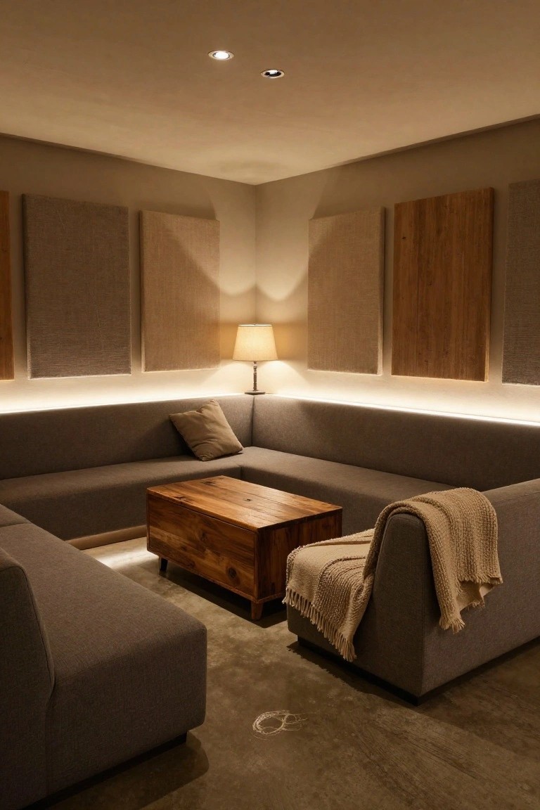 Corner lounge with gray L-shaped sectional sofas around a wooden coffee table, beige throw blankets, table lamp, acoustic fabric wall panels, wood panels, recessed ceiling spots, and thin LED strips glowing along wall bases and floor.