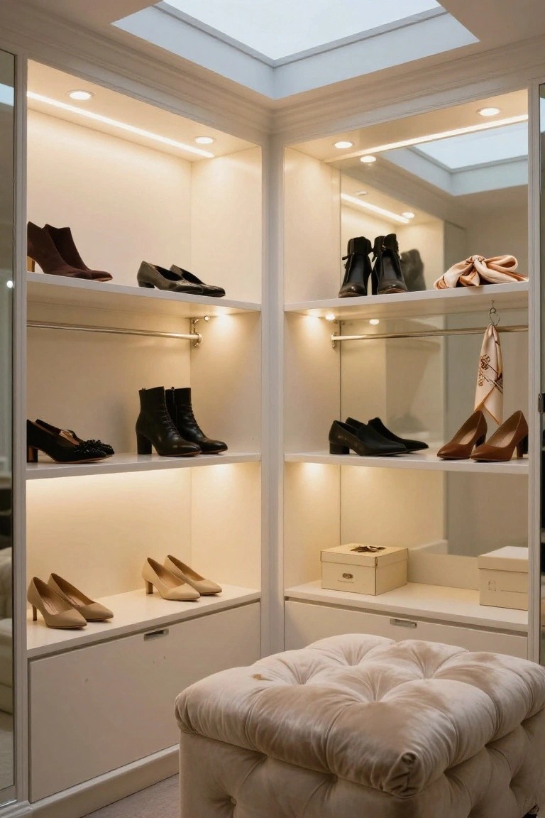 Walk-in closet with white built-in shelves displaying pairs of women's shoes in various styles and colors, lit by LED strips under shelves and recessed ceiling lights, with full-length mirrors, hanging scarves, and a beige tufted ottoman.