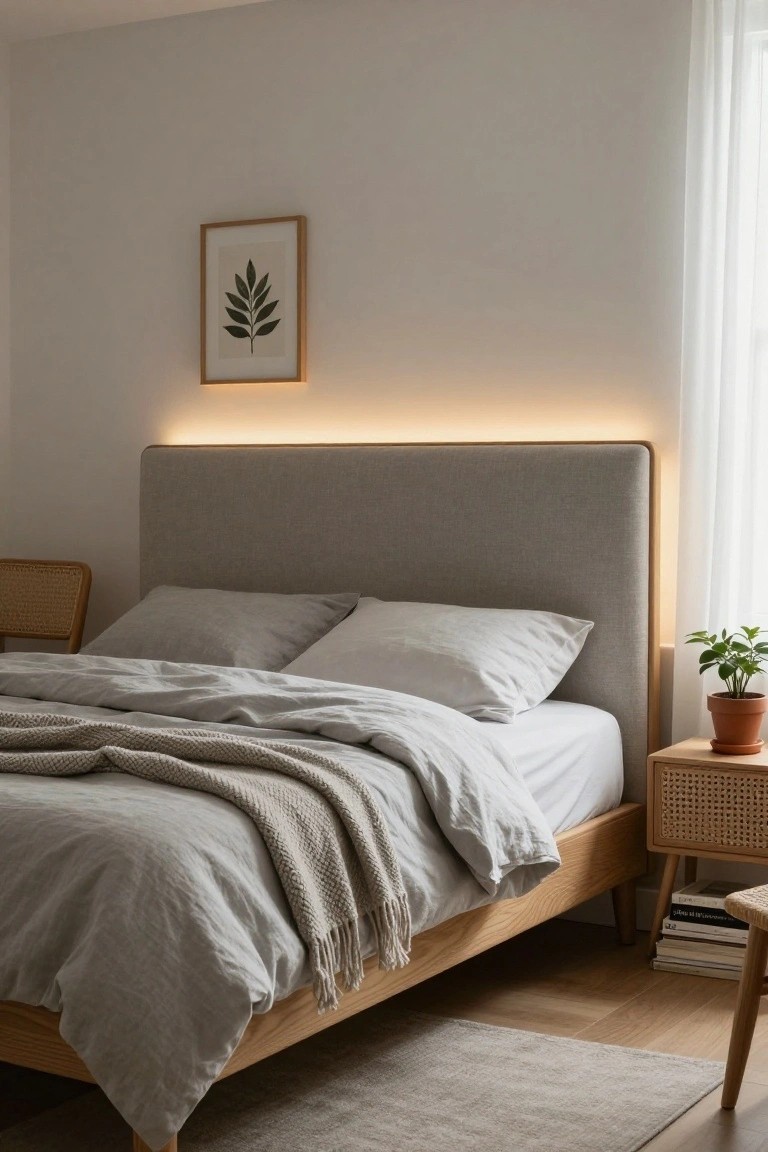 Minimalist bedroom with a light wood bed, gray linens, and warm backlighting.