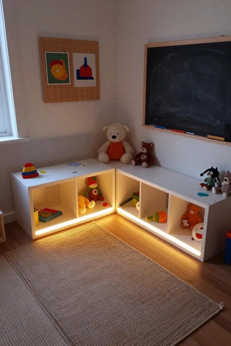 Corner of a children's playroom with two white cube storage units featuring LED lighting underneath, stuffed animals and toys on shelves, a blackboard on the wall, pegboard with artwork, and a woven rug on the floor.