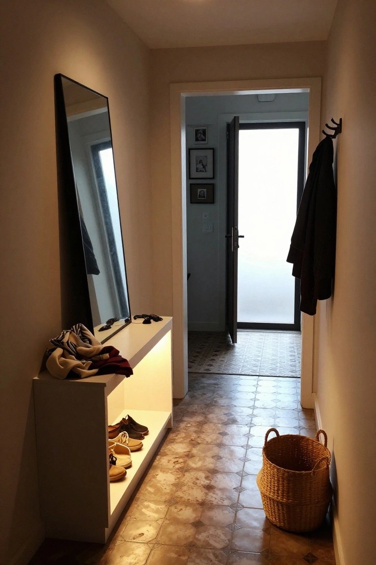 Narrow beige hallway with tall black-framed floor mirror, white backlit console table holding shoes and scarves, black coat on wall hook, open glass entry door, and wicker basket on tiled floor.