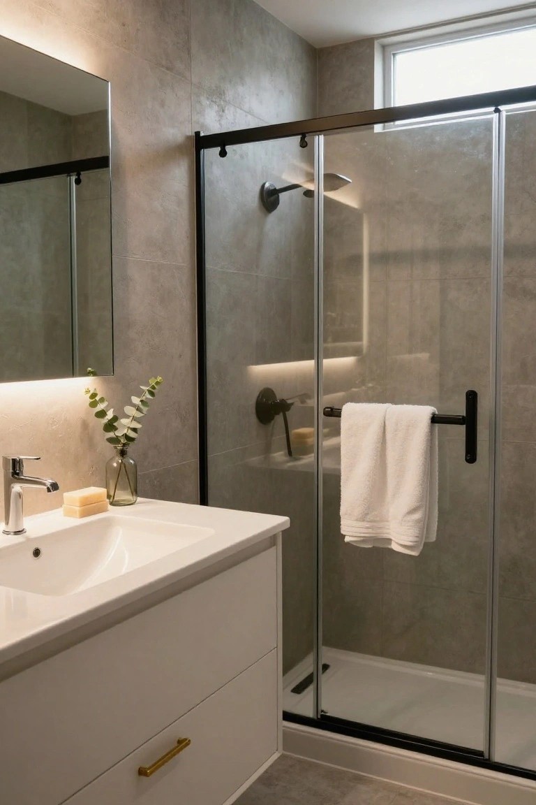 Modern bathroom with gray tiled walls, white floating vanity and sink, glass shower enclosure with black frame, mirror lit by edge LED strips, and potted eucalyptus on the counter.