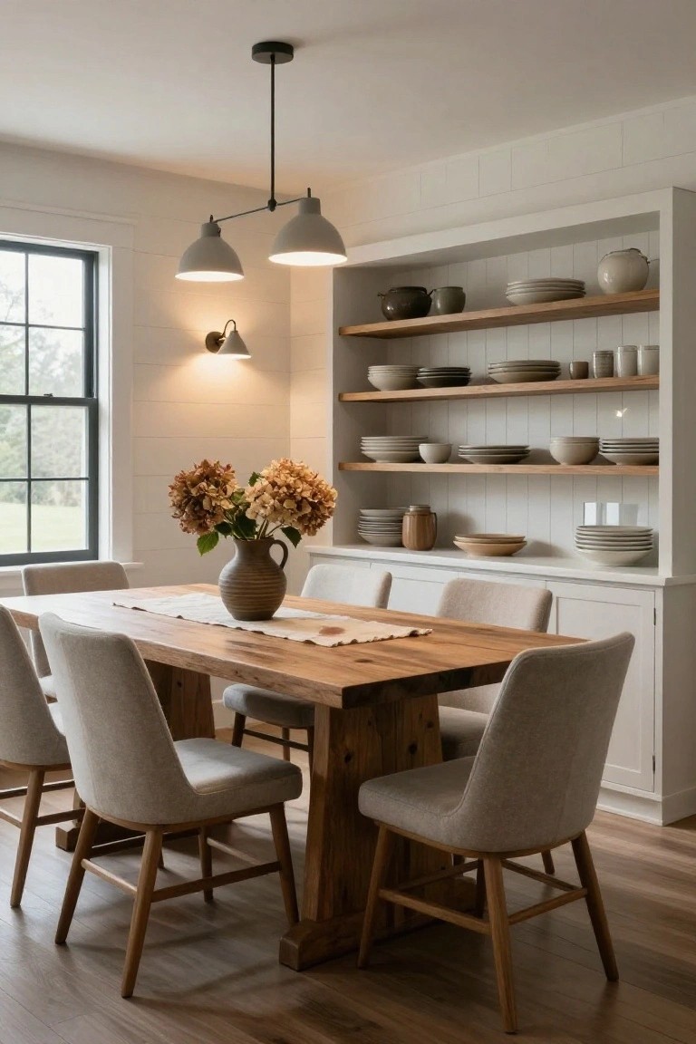 Dining room featuring a rectangular wooden table with beige upholstered chairs, a terracotta vase of hydrangeas on a linen runner, open white shelving stocked with ceramic dishes and bowls, a double pendant light fixture overhead, and a wall sconce beside a black-framed window.