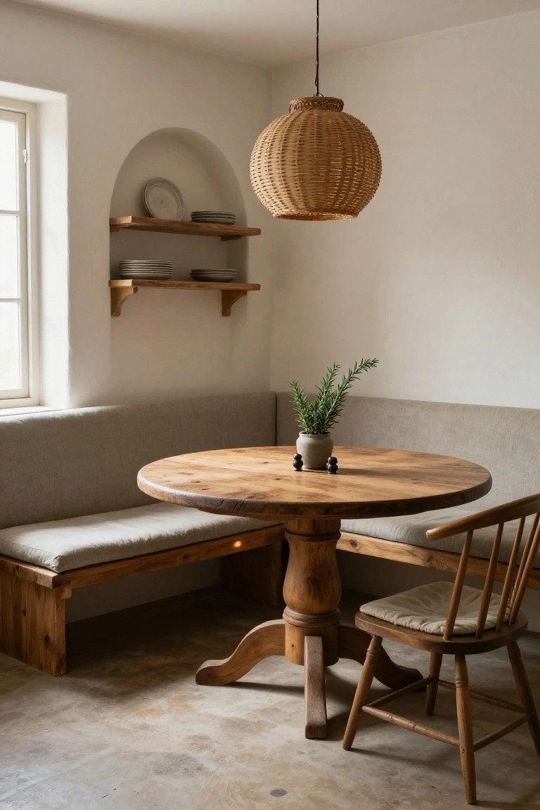 White-walled interior corner with beige bench seating along two walls, round wooden pedestal table holding a potted rosemary plant and black spheres, wooden chair, woven rattan pendant lamp overhead, arched niche shelf displaying plates next to a window, and terracotta tile floor.