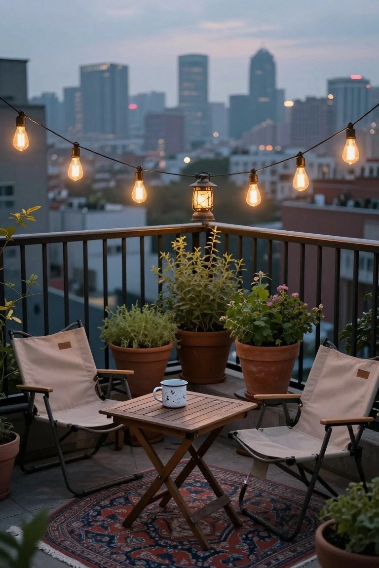 Balcony terrace with two beige canvas folding chairs around a small wooden table holding a white mug, surrounded by terracotta pots of herbs and plants, lit by hanging string lights and a lantern, overlooking a city skyline at dusk.