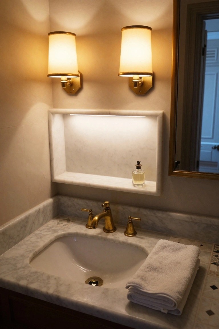 Close-up of a white marble bathroom vanity with undermount sink, gold faucet and handles, folded white towels on the counter, backlit marble niche shelf holding a glass perfume bottle, two gold wall sconces with fabric shades on either side, and a gold-framed mirror.