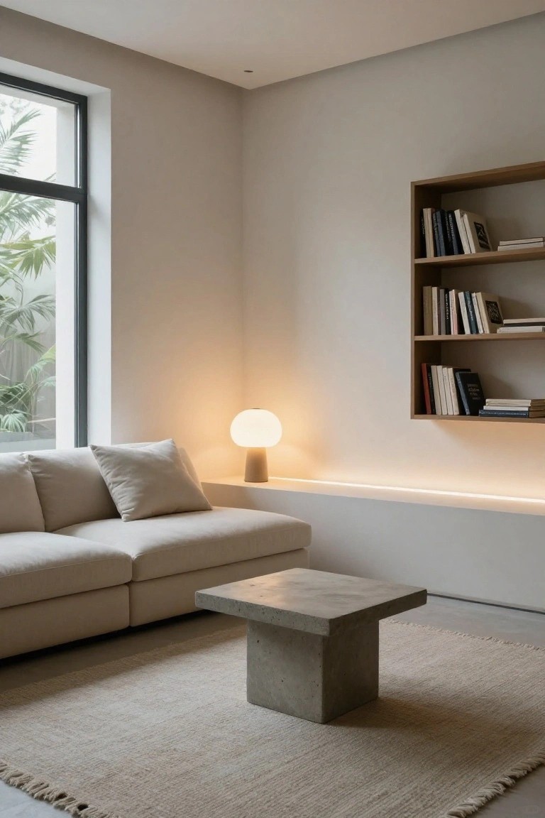 Minimalist living room corner featuring a light beige sofa with pillows, low concrete coffee table, wooden wall bookshelf with books, white globe table lamp on a beige base, and large window showing tropical plants outside.