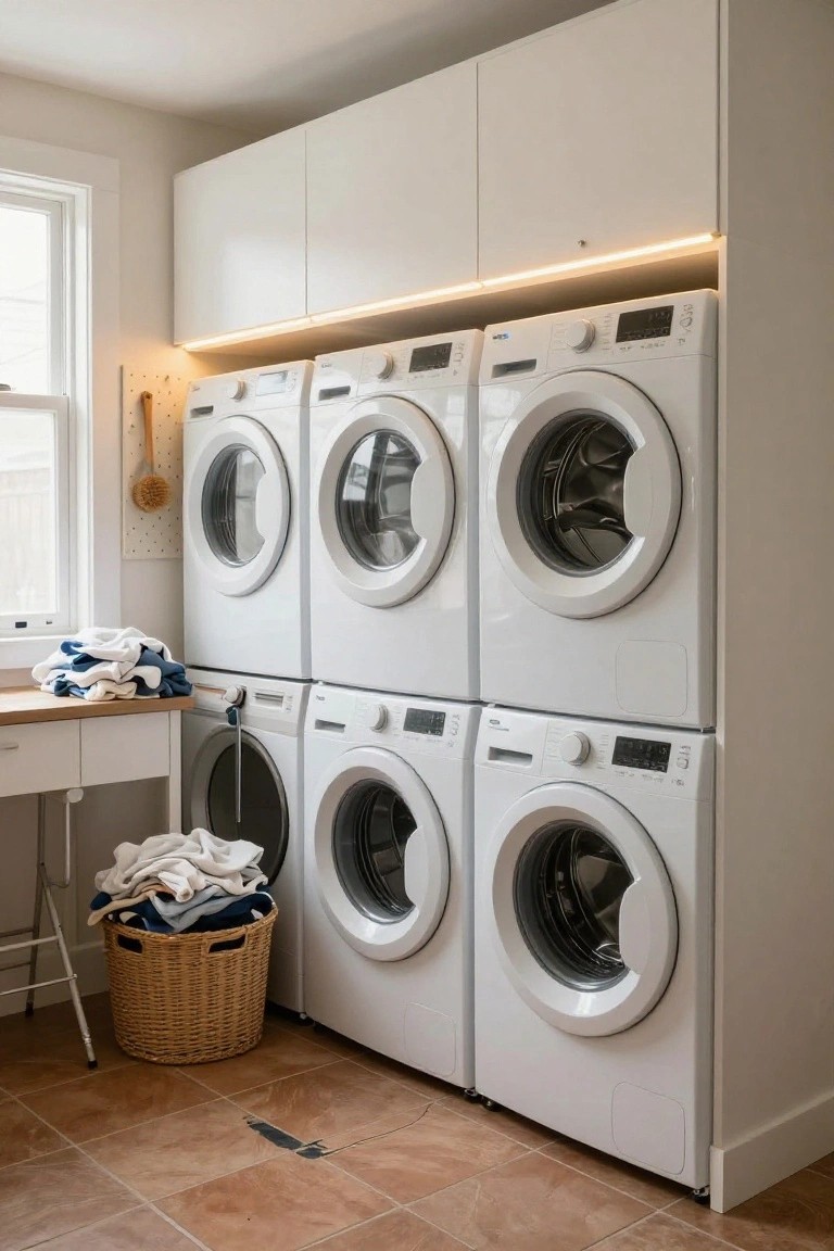 Modern laundry room with six white front-loading washers in two stacks under white upper cabinets lit by slim LED strips, a wooden folding table, wicker laundry baskets with clothes, and terracotta tile floor.