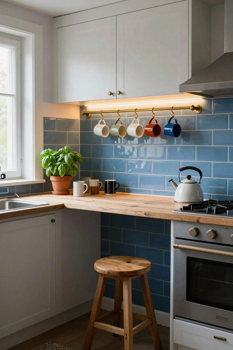 Corner kitchen with white cabinets, blue subway tile backsplash, wooden countertop and stool, colorful mugs hanging from gold rail under LED strip lighting, sink, stove, kettle, and basil plant in pot.