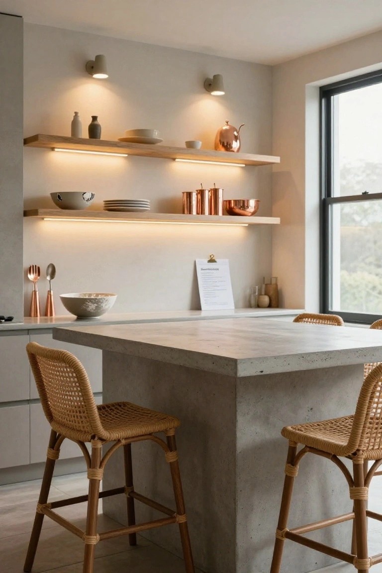 Modern kitchen with floating wooden shelves lit from below by LED strips displaying white ceramics, copper pots, and bowls, concrete island with rattan bar stools, and large window.