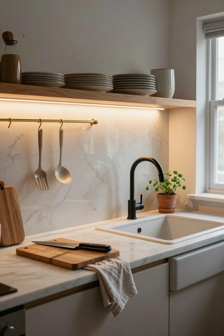 Modern kitchen countertop with wooden cutting board and knife, white sink, black pull-out faucet, potted plant nearby, utensils hanging from brass rail under wooden shelf with LED strip lighting, and stacked white plates on shelf above marble backsplash.