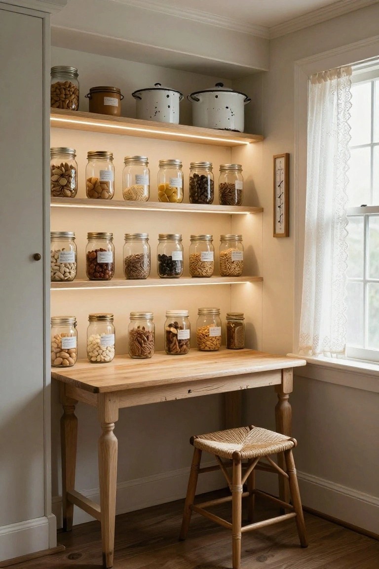 Corner indoor pantry with three wooden shelves holding numerous glass jars of nuts, grains, and dried foods, lit by thin LED strips underneath each shelf, wooden table with stool below, sheer curtains on window, white cabinetry nearby.