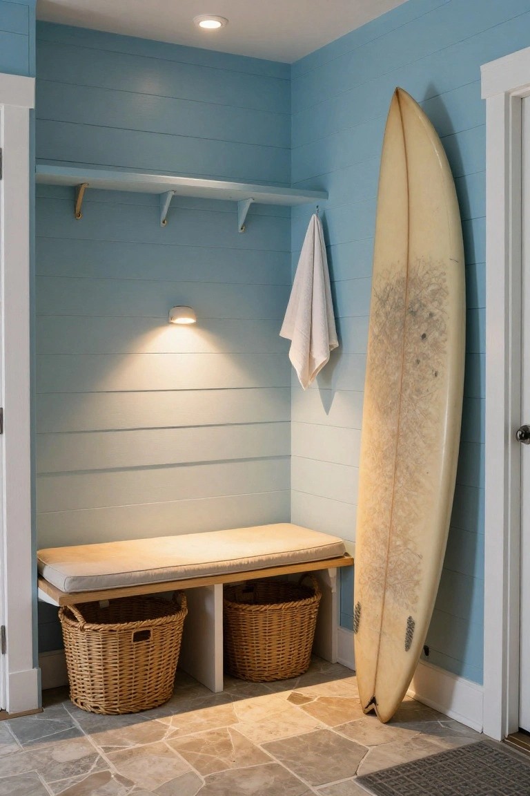 Blue shiplap wall in a mudroom corner with a tall surfboard leaning nearby, wooden bench with cushions, two wicker baskets underneath, white towel hanging from a hook, shelf above, wall-mounted puck light, and open door.