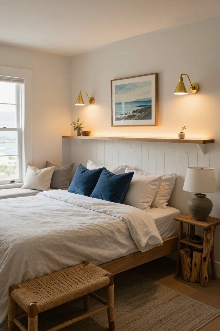 Bedroom interior with white paneled headboard, blue velvet pillows and white linens on oak bed frame, flanked by gold swing-arm wall sconces, wood shelf with plants and seascape artwork, window with ocean view, wooden nightstand with ceramic lamp and stool nearby.