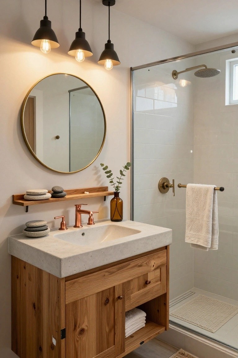 Bathroom interior with three black hanging pendant lights over a wooden vanity topped by a white sink, a round gold-framed mirror, floating wooden shelf with plants and stones, and a glass shower enclosure with brass fixtures.