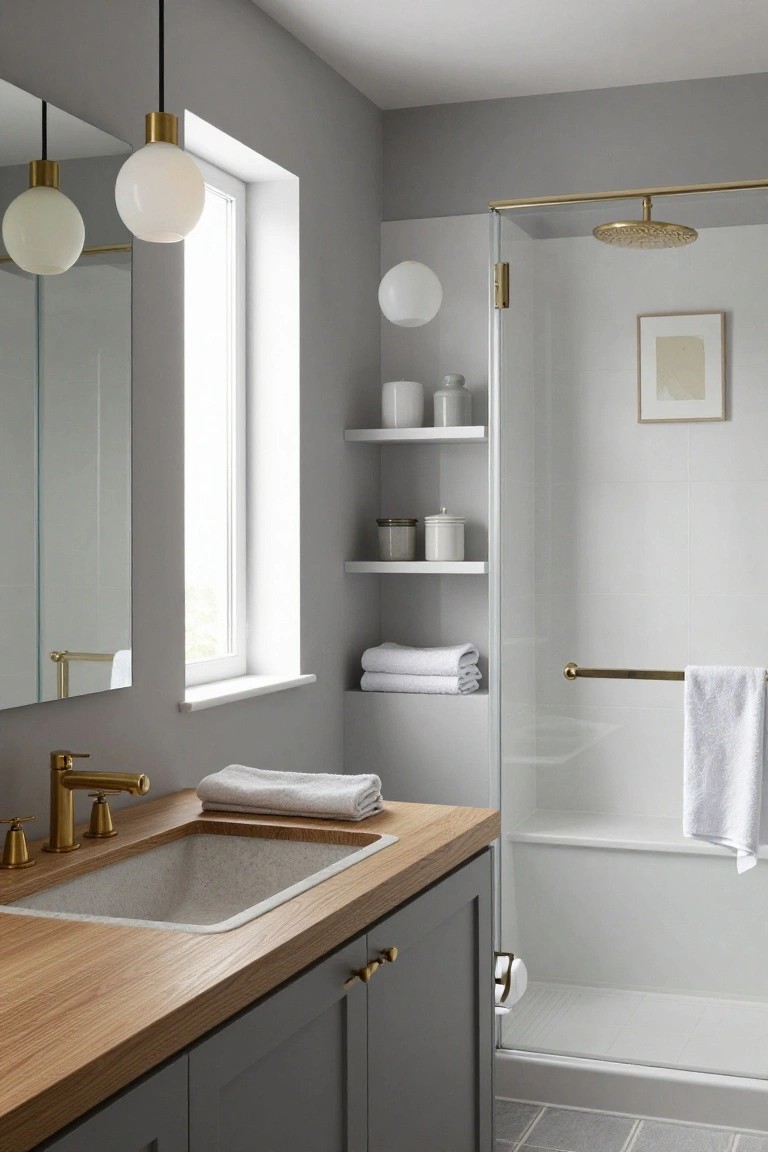 Modern bathroom interior featuring two white globe pendant lights with brass accents hanging over an oak vanity with white sink, adjacent glass shower enclosure, gray cabinets, white towels on shelves, and gray walls with a window.