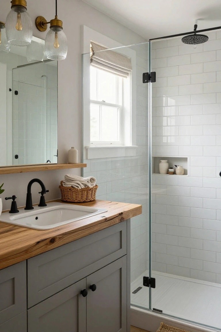 Bathroom interior with oak-topped vanity, black faucet, white subway tile shower enclosure, and two brass pendant lights hanging above the mirror.