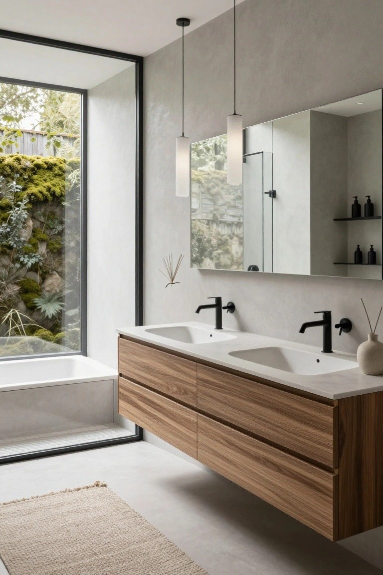 Modern bathroom interior with floating wooden double vanity, two white sinks, black faucets, large mirrored cabinet with shelves, two hanging white cylindrical pendant lights, and floor-to-ceiling window showing mossy green garden wall.