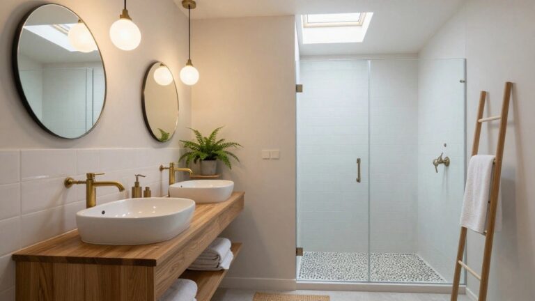 Bathroom with oak wood vanity and white sink, gold faucet and hardware, large round mirror, potted ferns, glass shower enclosure with white subway tile, two hanging gold-trimmed white globe pendant lights, and seagrass rug on pebble floor.