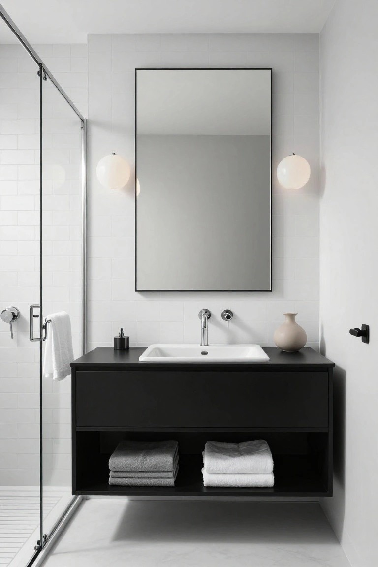 Modern white bathroom with glass shower enclosure, black floating vanity under white sink, large black-framed mirror flanked by two white globe wall lights, folded towels in cabinet, and beige vase on counter.