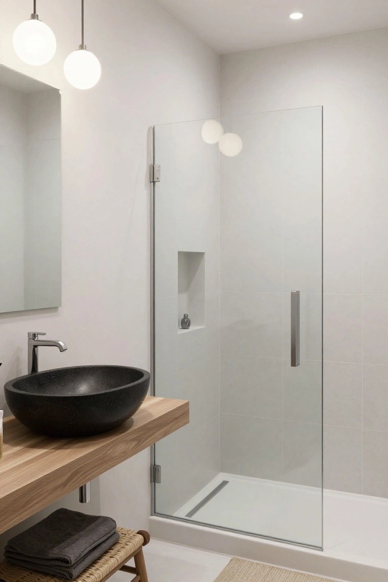 Modern white bathroom with two white globe pendant lights hanging above a black vessel sink on a wooden vanity countertop, next to a clear glass shower enclosure.