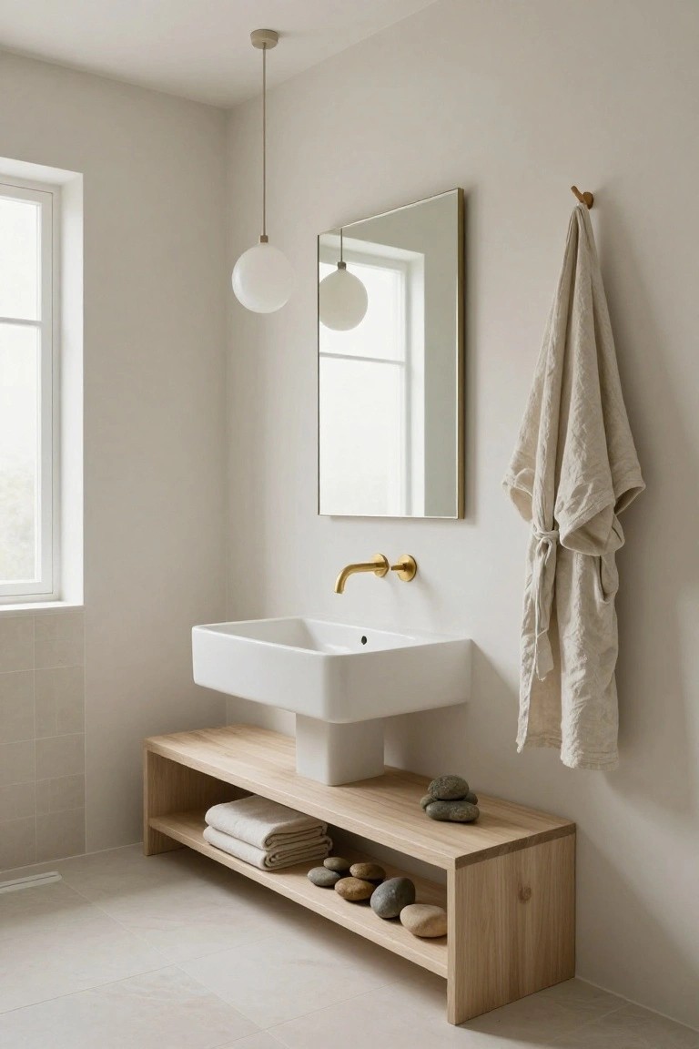 Minimalist bathroom interior with white vessel sink on wooden bench shelf holding towels and stones, gold wall faucet, rectangular mirror, two white globe pendant lights hanging from ceiling, beige linen robe on wooden hook, white tiled wall and floor, window on left.