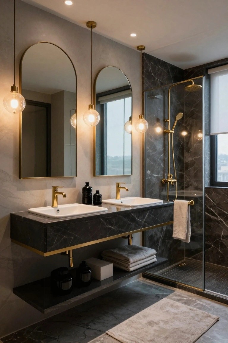 Modern bathroom featuring a black marble floating double vanity with white sinks and gold faucets, flanked by two large arched gold-framed mirrors, gold pendant lights hanging above, a glass shower enclosure with gold fixtures, marble walls and floor, and beige towels.