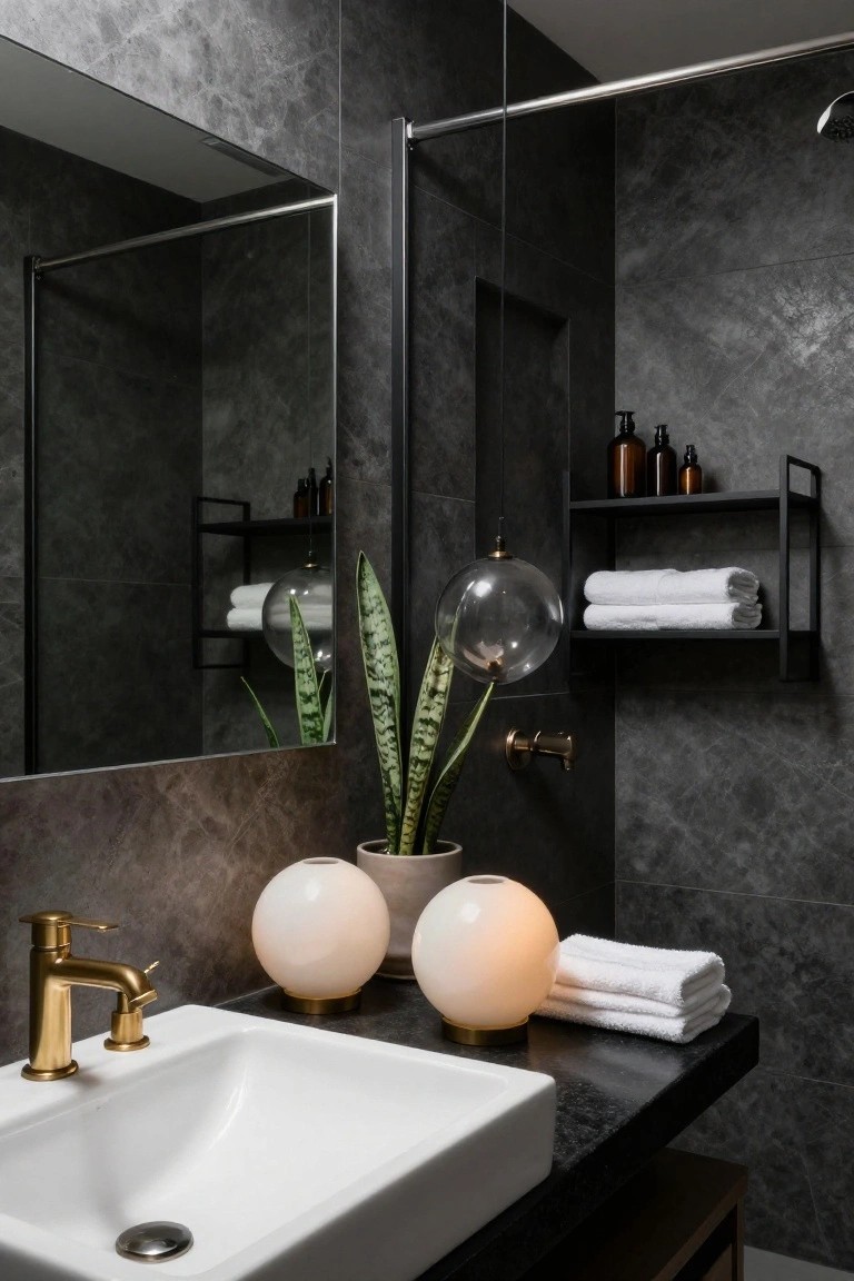 Modern bathroom with dark gray metallic tile walls, glass shower enclosure, white sink on black counter with gold faucet, two white orb lamps, potted snake plant, black metal shelf holding towels and amber bottles, and a hanging clear glass globe light with brass accents.