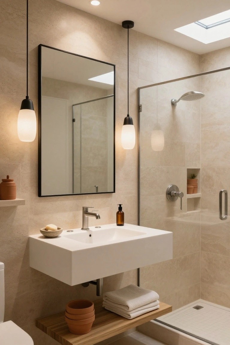Beige tiled bathroom with rectangular black-framed mirror flanked by two pendant lights with black cords and white globe shades, white floating sink, glass shower enclosure, wooden shelf with plants and towels, and white toilet.