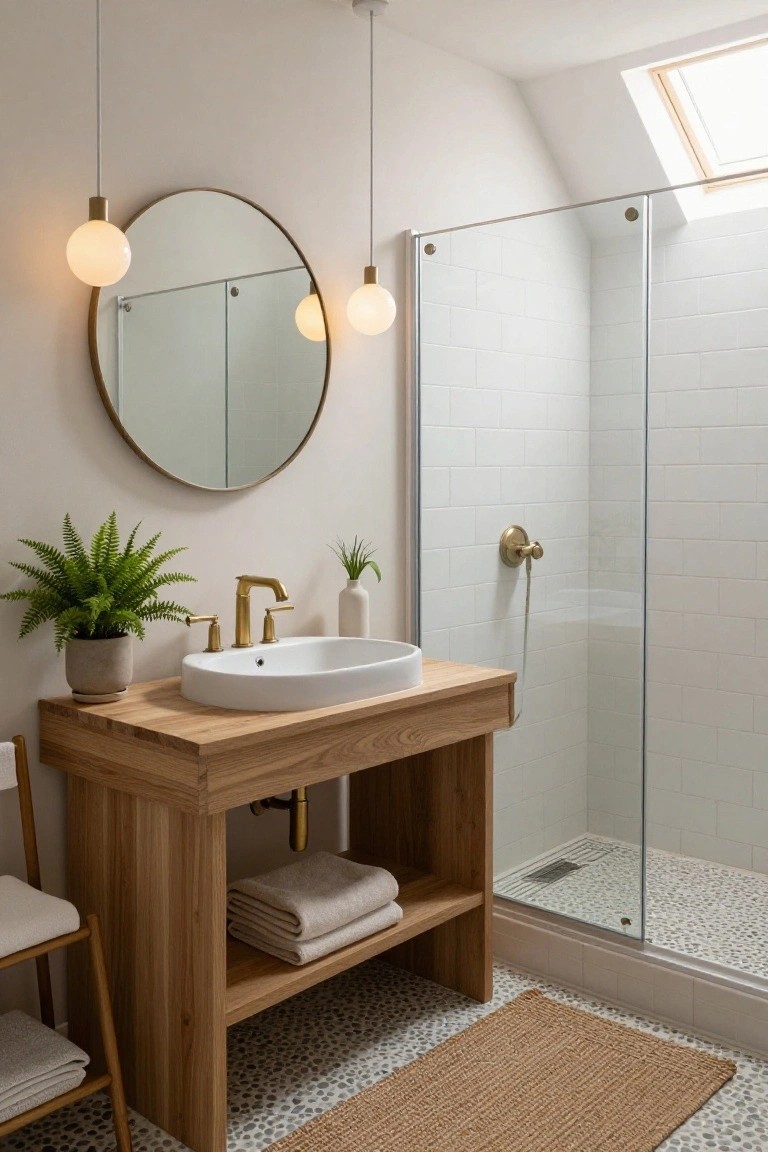 Bathroom with oak wood vanity and white sink, gold faucet and hardware, large round mirror, potted ferns, glass shower enclosure with white subway tile, two hanging gold-trimmed white globe pendant lights, and seagrass rug on pebble floor.