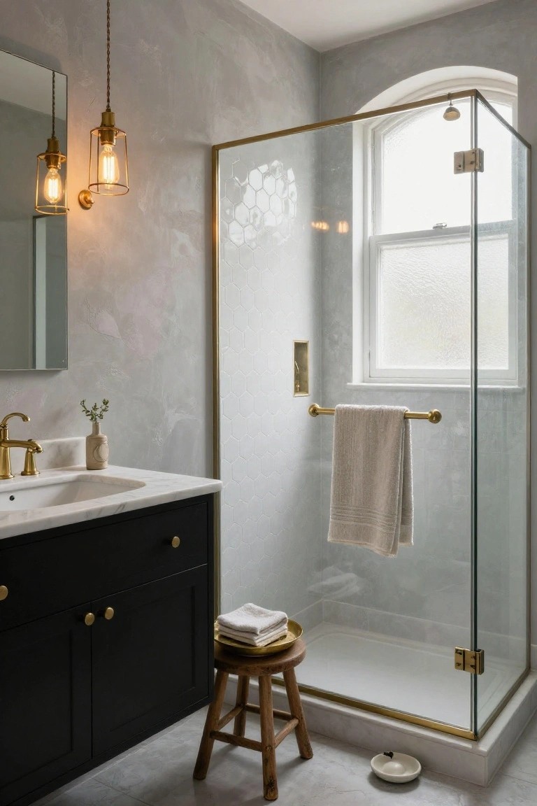 Bathroom with textured gray walls, white marble sink on black cabinetry, glass shower enclosure with brass frame, arched window, hanging brass cage pendant lights, stool, and towels.