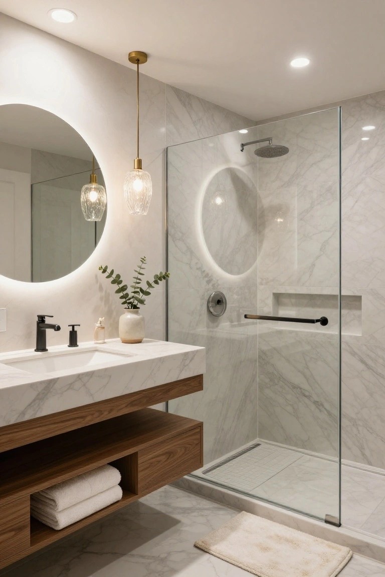 Modern bathroom with floating white marble vanity, black matte faucet and handles, round backlit mirror, two hanging glass globe pendant lights, eucalyptus plant in vase, wood shelf holding folded towels below vanity, glass shower enclosure with marble tile walls and built-in niche shelf.