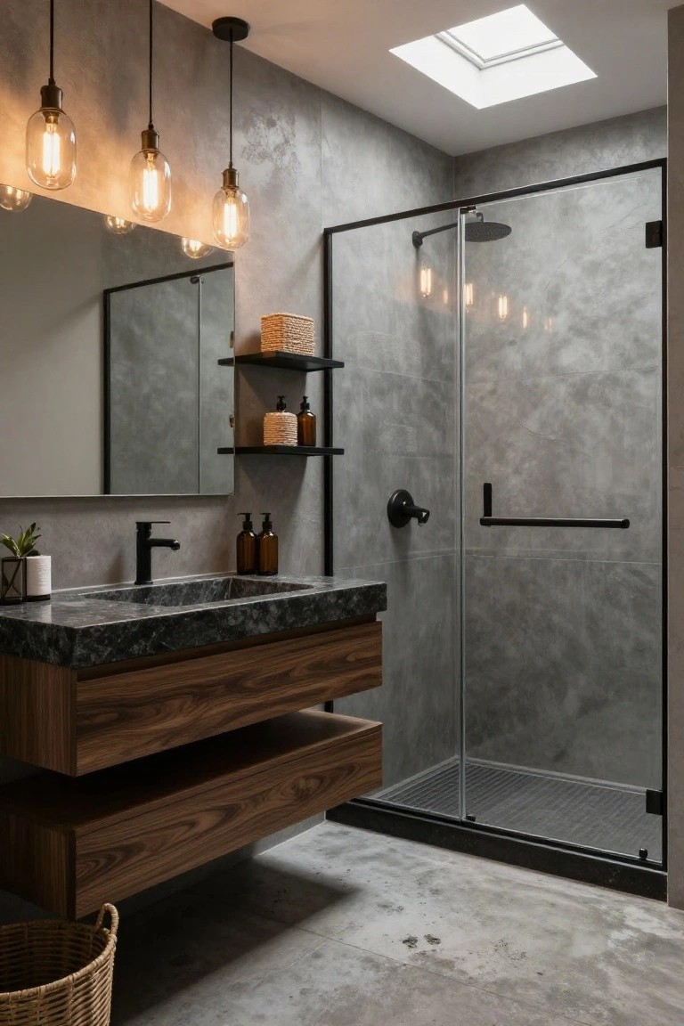 Modern bathroom interior with cluster of hanging pendant lights featuring exposed warm bulbs above a floating walnut vanity and black marble sink, next to a frameless glass shower enclosure on a polished concrete floor.