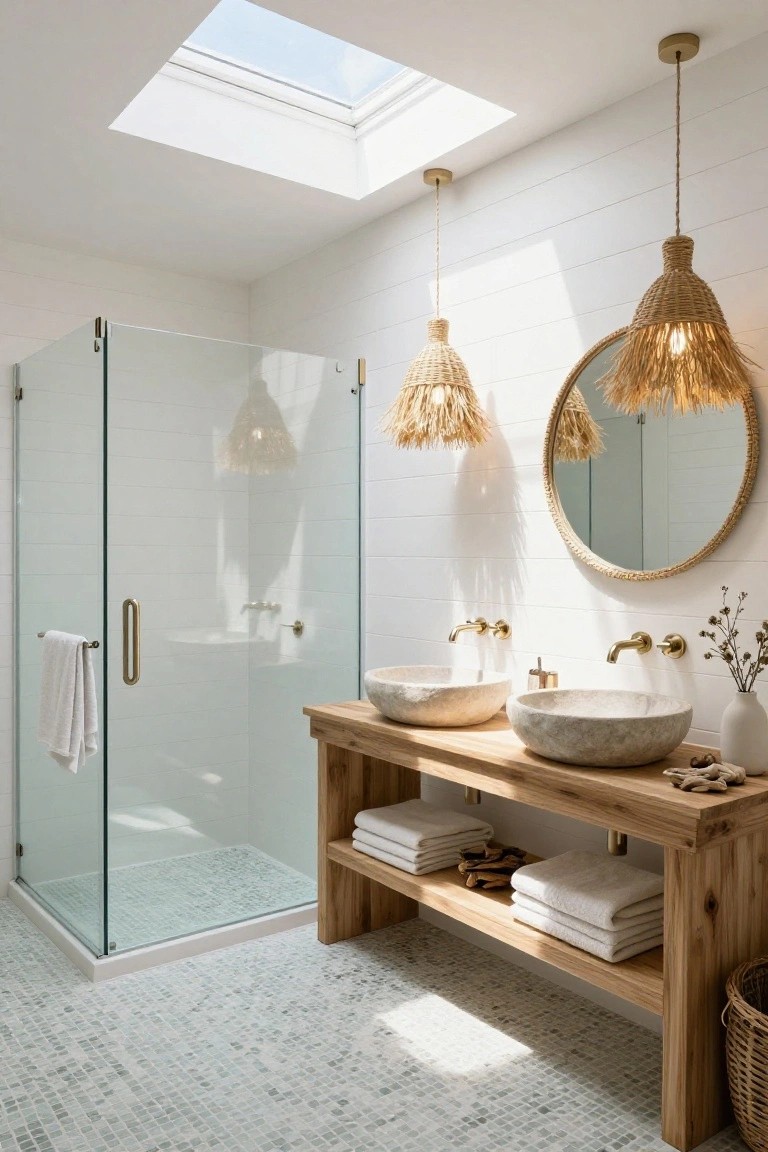 A bright bathroom with white shiplap walls, a wooden vanity holding two stone vessel sinks, pairs of rattan pendant lights hanging above the sinks, a glass shower enclosure, and glass mosaic tile flooring.