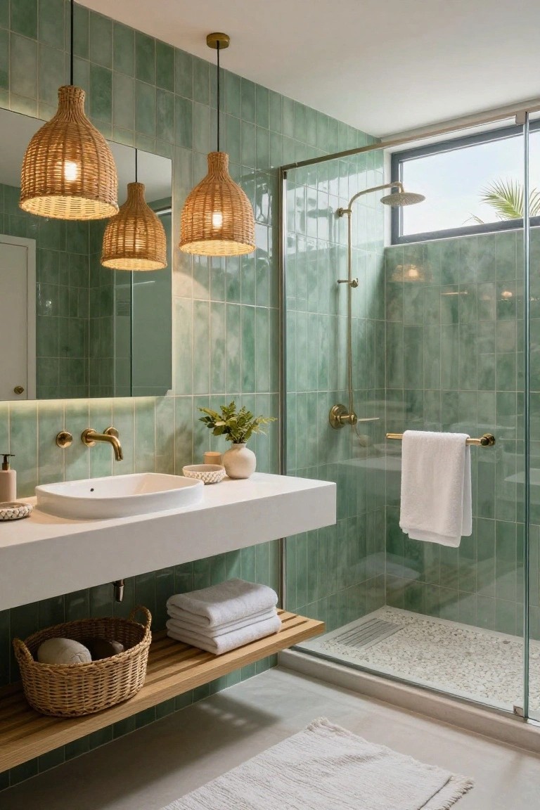 Modern bathroom with mint green subway tiles on walls, white floating vanity and sink, brass faucet and shower hardware, glass shower enclosure with pebble floor, wooden shelves, plants, towels, and three hanging rattan pendant lights.