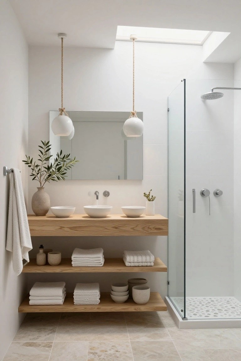 Bright bathroom with floating wooden vanity holding two white vessel sinks, rope-suspended white globe pendant lights above, olive branches in vase nearby, glass shower enclosure, and light travertine floor tiles.