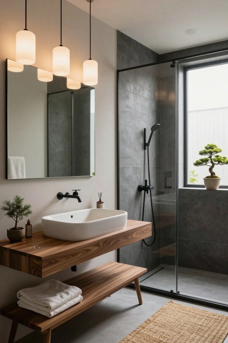 Modern bathroom with four white glass globe pendant lights hanging above a wooden vanity holding a white sink, black wall faucet, frameless mirror, glass shower enclosure, and small potted plants.