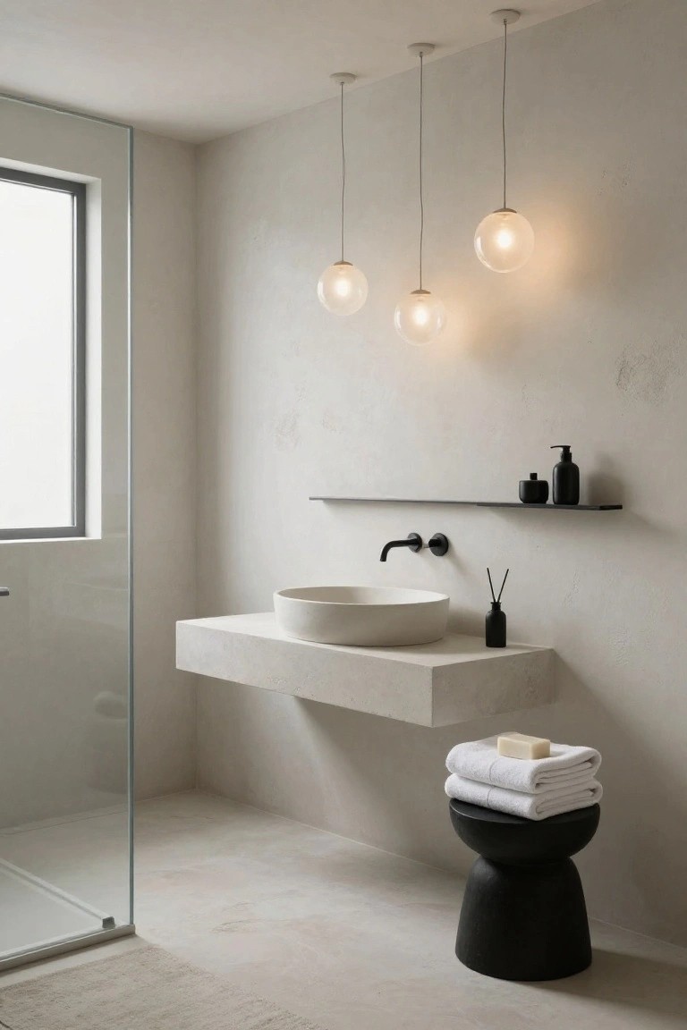 Modern bathroom interior featuring three white hanging glass globe pendant lights above a white floating stone vanity with round sink and black wall faucet, black shelf with dispensers, glass shower enclosure, black stool with white towels, and neutral textured walls.