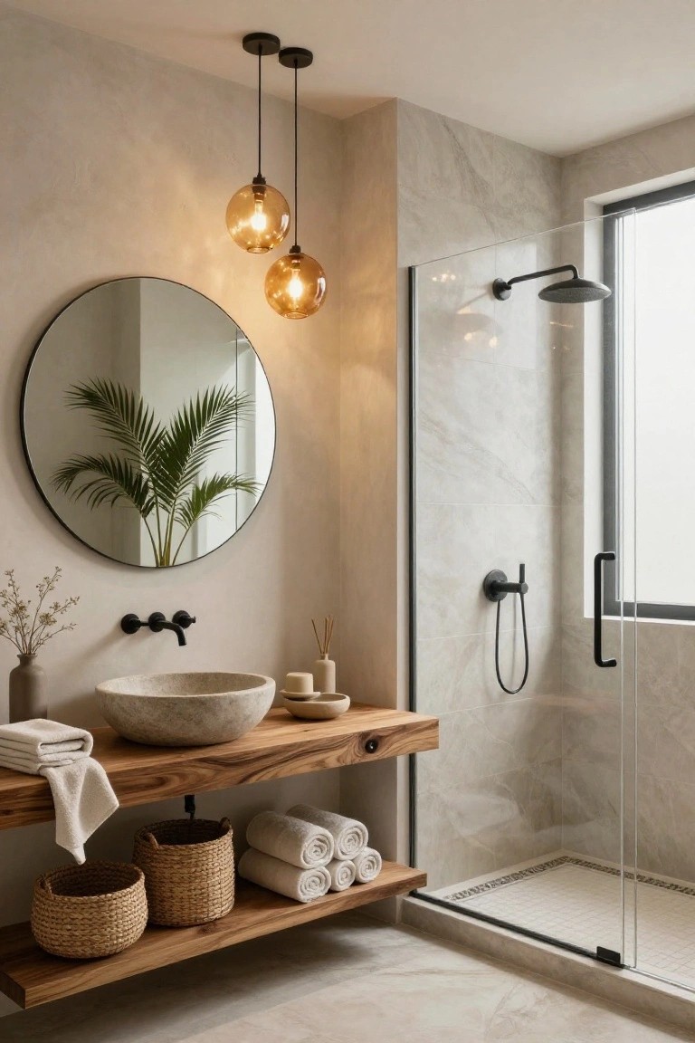 Modern bathroom with round mirror, stone sink, and glass shower.
