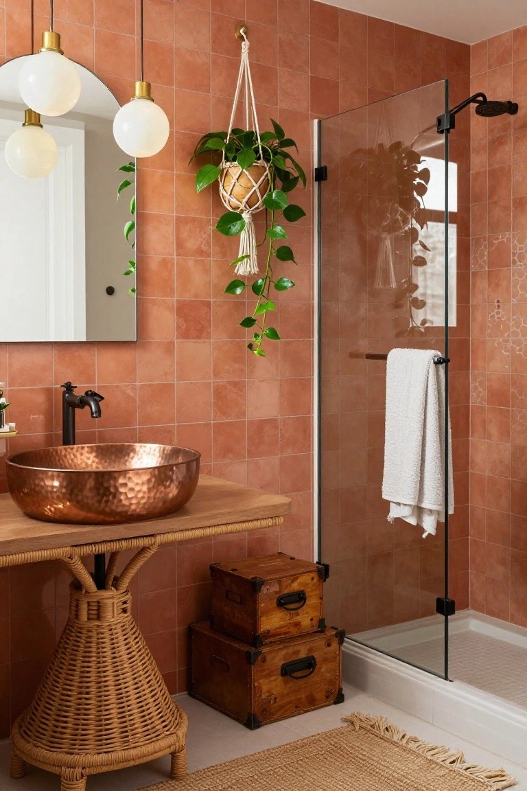 Bathroom with orange terracotta tiled walls, three white globe pendant lights hanging from brass chains above a copper vessel sink on a wooden vanity with rattan pedestal base, glass shower enclosure, hanging plants, wooden crates, and a woven rug on the floor.
