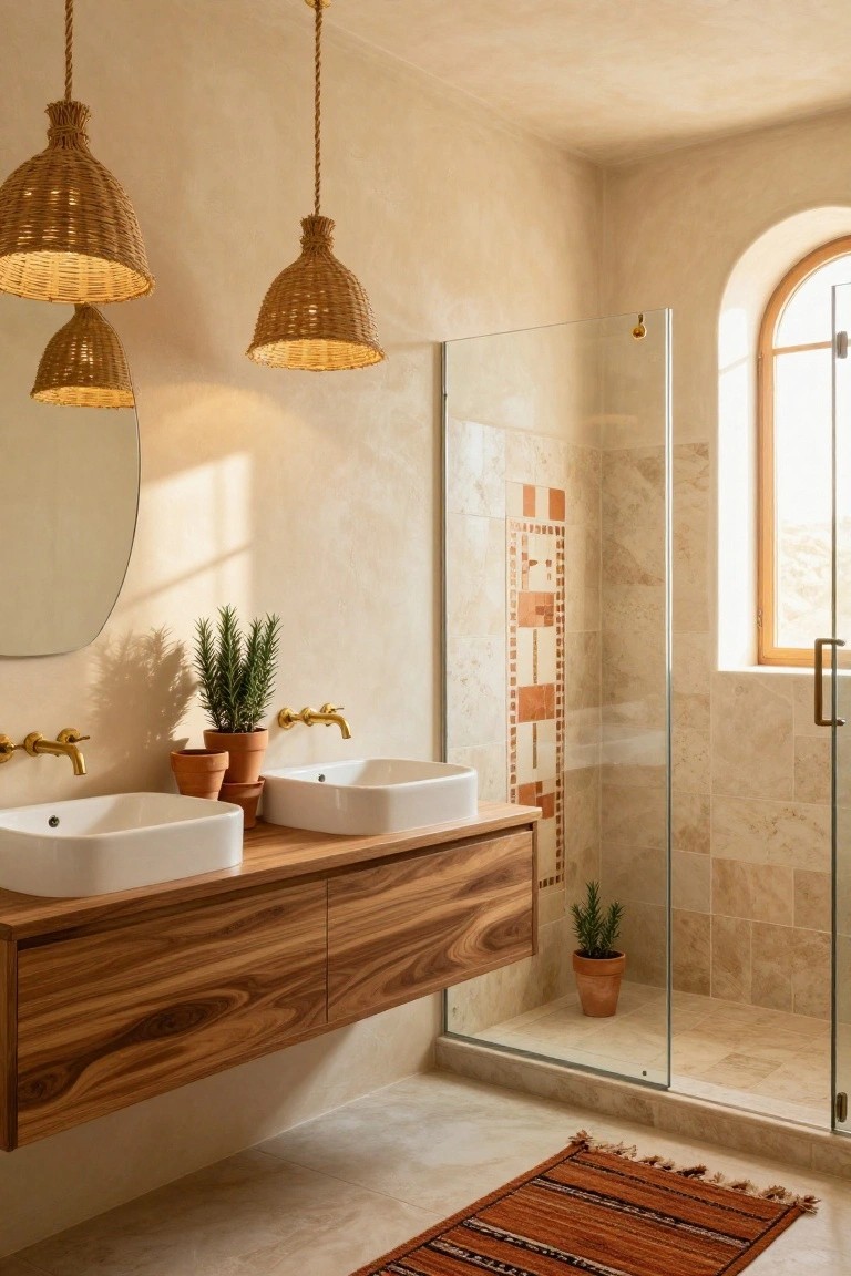 Bathroom with three woven basket pendant lights hanging above a floating wooden double vanity holding two white sinks, gold faucets, potted plants, a round mirror, beige tiled walls, and a glass shower enclosure.