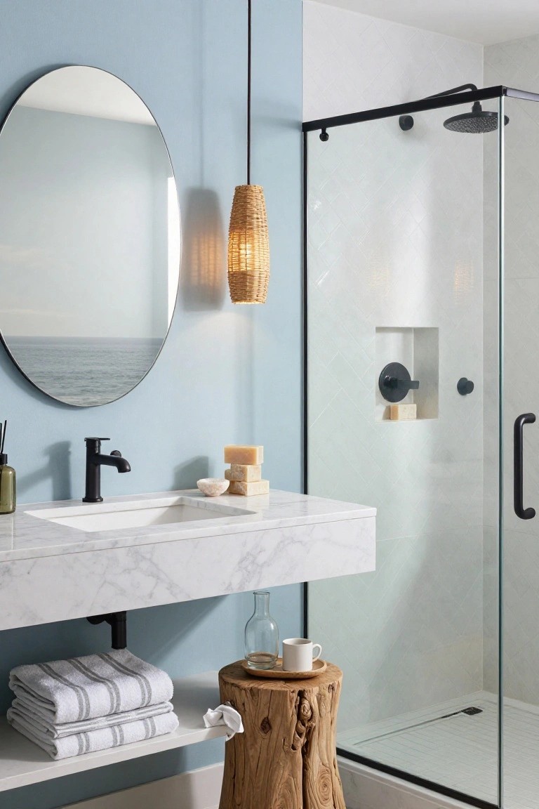 Modern bathroom with light blue walls, large round mirror, floating white marble vanity with black faucet, woven pendant light, glass shower enclosure with niche shelf, wooden stool, and stacked towels on open shelf.