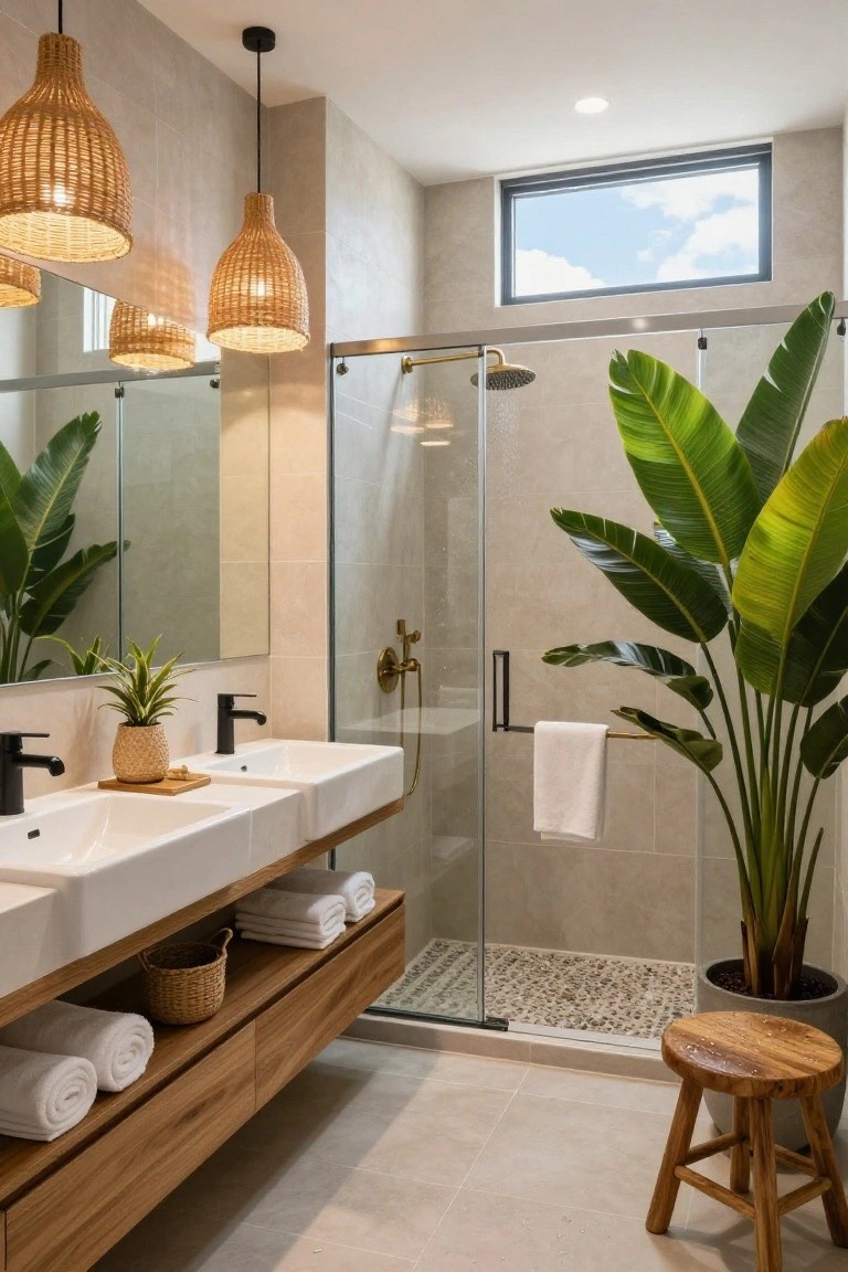 Bathroom with multiple woven rattan pendant lights hanging over a wooden double vanity with white sinks, glass shower enclosure, potted banana plants, and neutral tiled floors and walls.