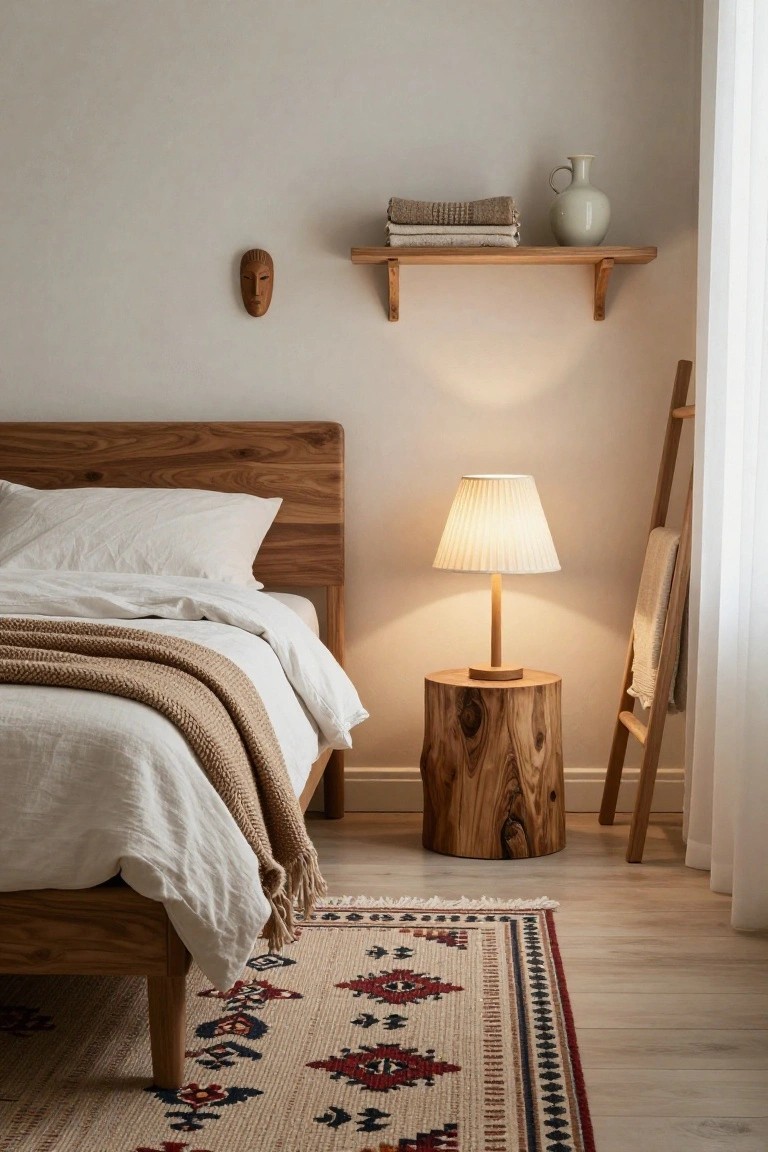 A cozy bedroom corner with a wooden bed draped in white linens and a beige knit throw, a tree stump side table holding a wooden lamp with pleated shade, a wooden ladder with towel, floating wooden shelf with vase and folded towels, wooden wall mask, and a patterned rug on light wood floors.