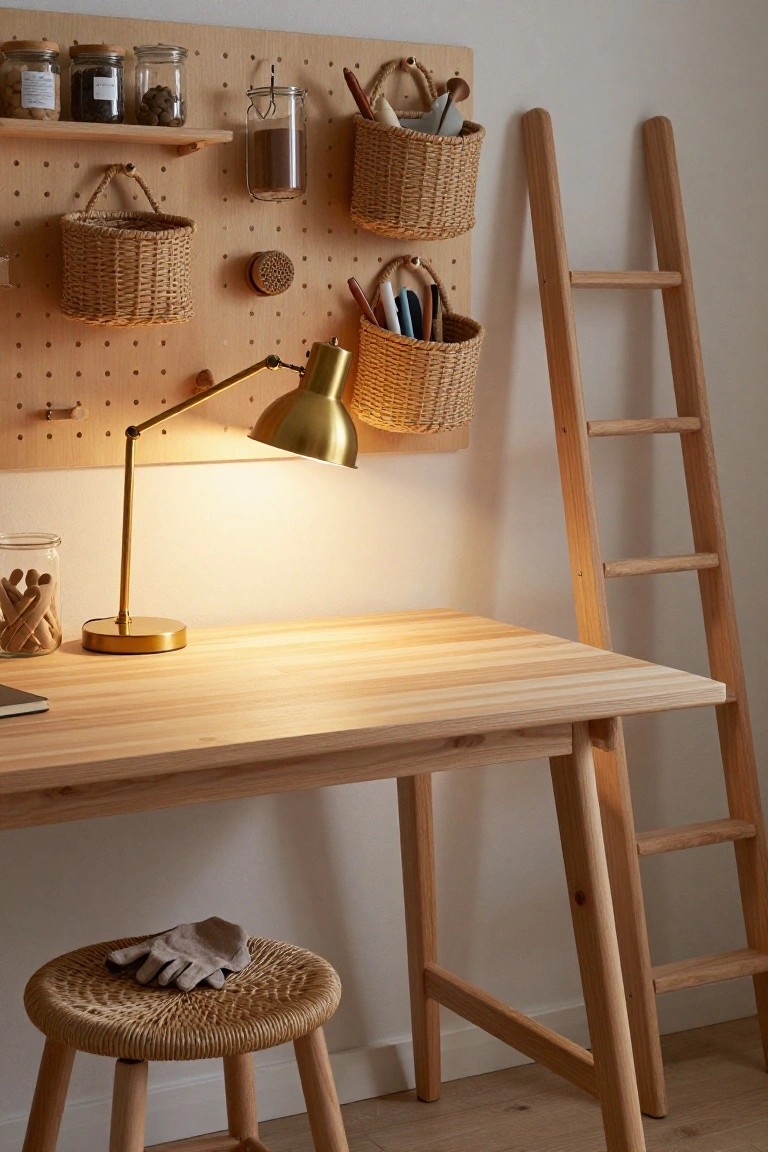 Wooden desk with lit gold adjustable lamp, pegboard wall holding wicker baskets jars and utensils, tall wooden ladder shelf nearby, rattan stool with glove on floor in white room