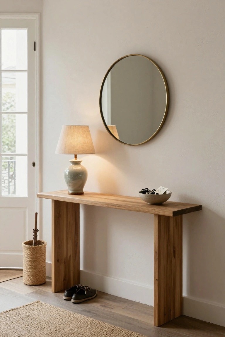 Wooden console table against a white wall in an entryway, topped with a green ceramic lamp, white bowl holding black keys and a card, next to a large gold round mirror, with an open door, wicker umbrella stand, and pair of shoes on the floor.
