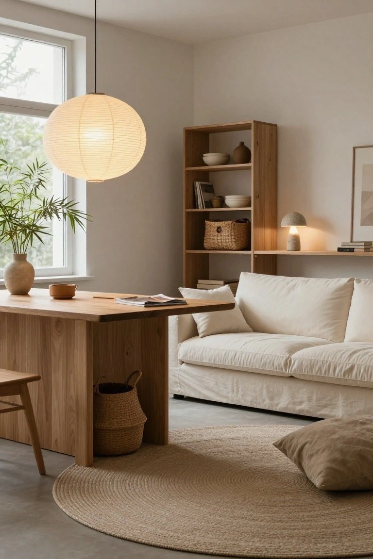 Japandi living room featuring a large white paper lantern pendant light over a wooden dining table, white linen sofa, oak bookshelves with ceramics and baskets, potted bamboo plant by window, small stone table lamp on shelf, and seagrass rug on concrete floor.