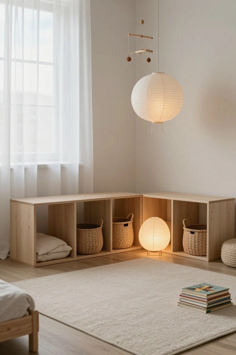 Light wood L-shaped built-in benches with open shelves holding woven baskets and cushions in a beige-walled room corner, illuminated by a large hanging paper lantern and a smaller floor paper lamp, with a low wooden bed, books on a beige rug, sheer curtains on the window, and wooden mobile above.
