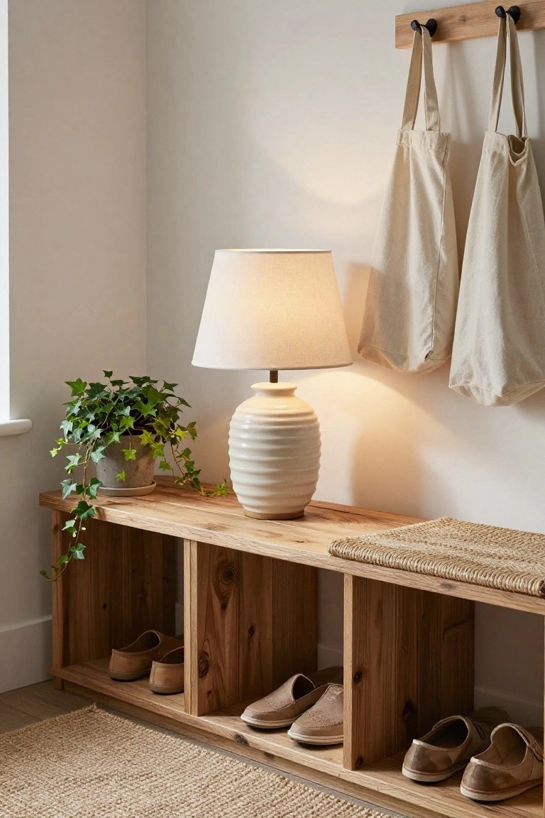 White ceramic table lamp with ridged base and fabric shade on wooden bench with shoe cubbies, ivy plant in gray pot, seagrass cushion, hanging canvas tote bags, and beige rug in corner of light room.